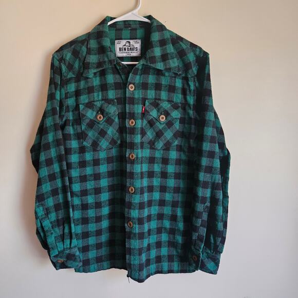 Ben Davis Men's Extra Heavy Weight Flannel Shirt, Sz S, Black & Green Check - Picture 1 of 6
